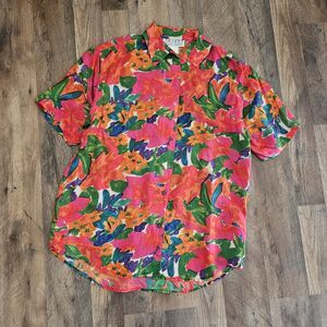 Tribes Vintage 80s Tropical Floral Silk Blouse Multicolor Button-Up M/L